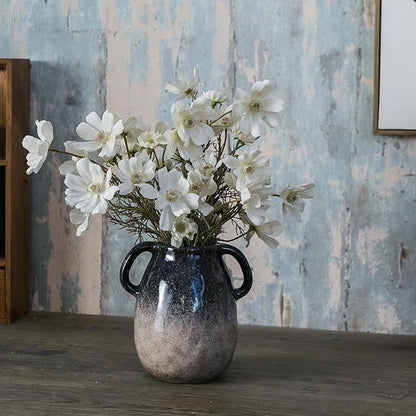 Blue Gradient Ceramic Vase with 2 Handles, Modern Farmhouse Decor, Rustic Terracotta Pottery, Decorative Clay Flower Vase, Centerpiece for Dining Table - 7 Inch