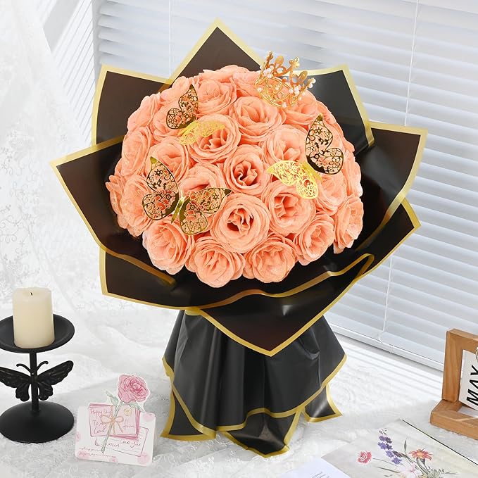 Waipfaru Glitter Roses Bouquet, DIY Fake Flowers Bouquet, Champagne Artificial Flower, Valentines, Anniversary, Engagement, Wedding, 24 Pcs
