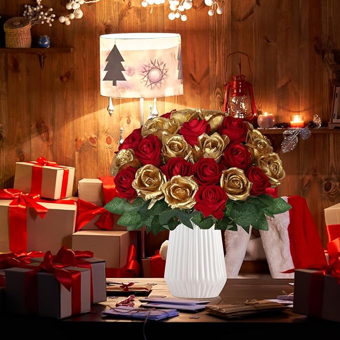 30pcs Fake Roses Artificial Silk Flowers Long Stems Bouquet for Wedding Bridal Shower Party Home Decoration (Burgundy + Gold)