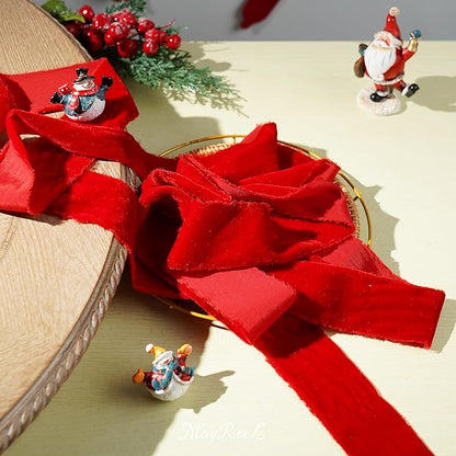 MAYREEL 2 Inch Red Velvet Ribbon Hand Torn Crimson Silk Frayed Edge for Christmas Gift Wrapping Bridal Bouquets Invitations Wedding Vow Books Gift Baskets 3 Yards