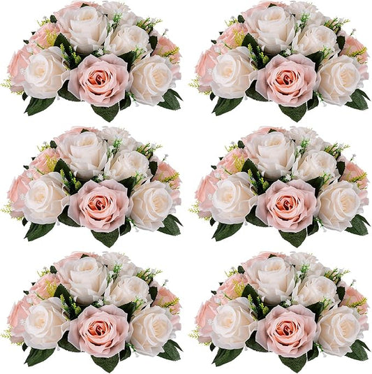 NUPTIO Flower Balls for Wedding Centrepieces - 6 Pcs 9.5in Diameter Artificial Flower Ball Arrangement Bouquet Peachy Pink & Creamy White Fake Rose Flowers Party Centerpieces for Weddings Tables