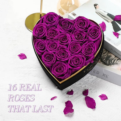 Preserved Roses Flowers for Delivery 16 Pcs, Forever Flores in Heart Box with Necklace, Eternal Rose Anniversary Birthday Gift for Women Wife Girlfriend, Rosas for Valentines Christmas, Purple