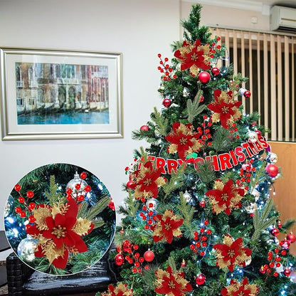 12 PCS Poinsettia Flower Artificial Red Gold Christmas Flowers Artificial 5.5'' Glitter Poinsettias Artificial Christmas Tree Flower With Clips Diy Xmas Wreath Holiday New Year Home Party Decor