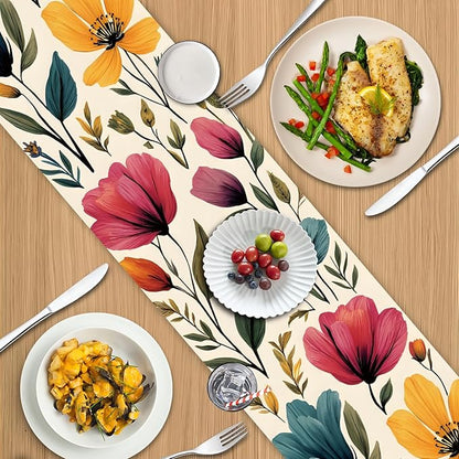 Watercolor Floral Table Runner – Elegant Red, Blue & Purple Blooms on Beige, 13x72 Inch Linen-Look Fabric for Dining Table, Kitchen, Spring & Summer Home Decor, Everyday Use