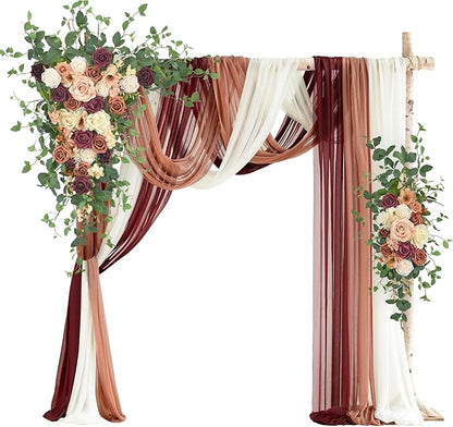 Wedding Arch Flowers with Drapes Kit (Pack of 5) - 2pcs Artificial Sunset Terracotta & Burgundy Deluxe Swag with 3pcs Sheer Drapes for Wedding Ceremony Arbor Reception Backdrop Decoration