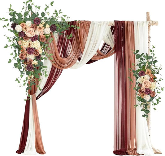 Wedding Arch Flowers with Drapes Kit (Pack of 5) - 2pcs Artificial Sunset Terracotta & Burgundy Deluxe Swag with 3pcs Sheer Drapes for Wedding Ceremony Arbor Reception Backdrop Decoration