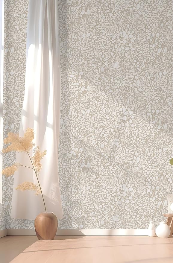 Heroad Peel and Stick Wallpaper Boho Beige Contact Paper 17.3''x196'' Floral Wall Paper Removable Self Adhesive Wallpaper for Cabinet Bedroom Living Room Entryway Walls Bathroom Waterproof Vinyl Roll