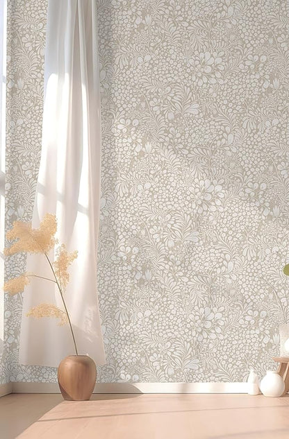 Heroad Peel and Stick Wallpaper Boho Beige Contact Paper 17.3''x196'' Floral Wall Paper Removable Self Adhesive Wallpaper for Cabinet Bedroom Living Room Entryway Walls Bathroom Waterproof Vinyl Roll
