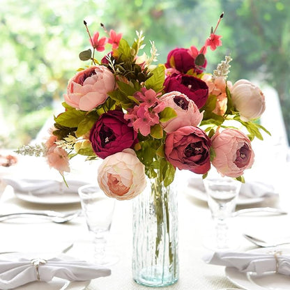 FiveSeasonStuff Pinkish Red and Dusty Pink Vintage Artificial Peonies Silk Flowers and Hydrangeas for Wedding Bridal Home Decor – Beautiful Floral Centerpiece Bouquet (Passion Blush)