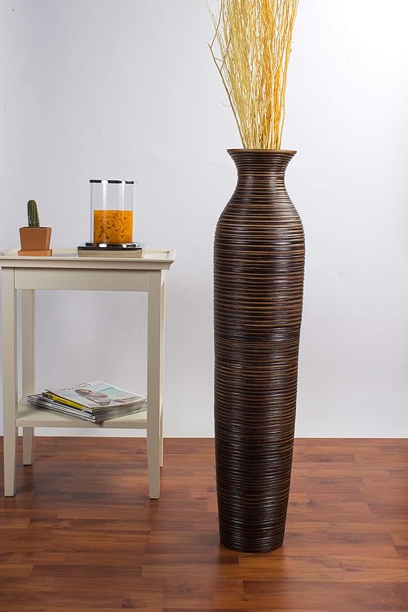 Leewadee Large Brown Home Decor Floor Vase - Wooden 34 inch Tall Farmhouse Decor Flower Holder for Fake Plant and Pampas Grass