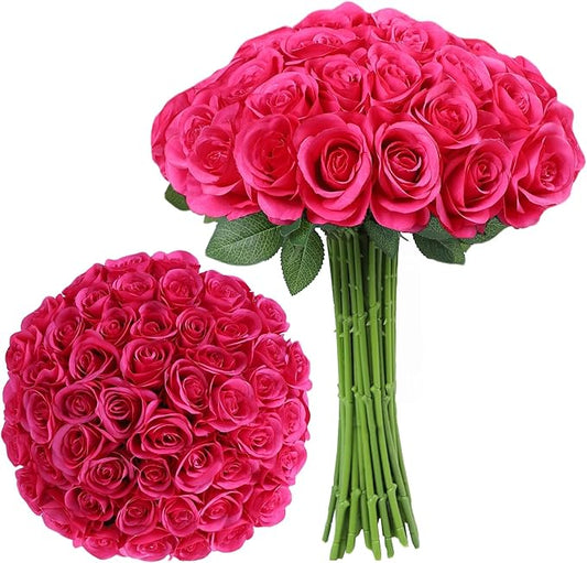 Artificial Rose Flower Artificial Flowers Flower with Long Stem Silk Roses Bouquet for Wedding Bridal Shower Party Home Decoration (Hot Pink, 30 Pcs)