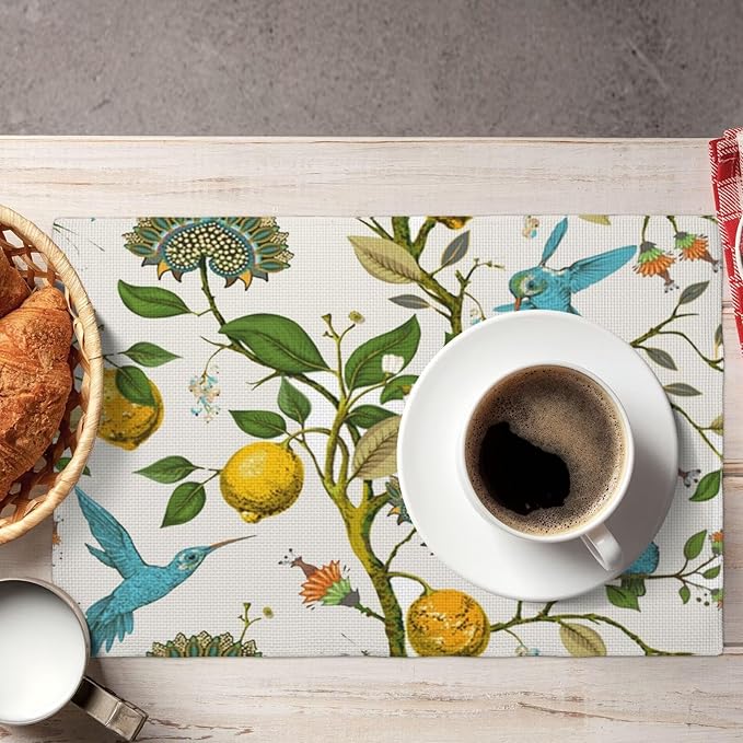Lemon Linen Placemats Set of 4 Retro Plant Bird Print Placemats for Indoor Outdoor Party Home Desktop Kitchen Dining Room Decor 12x18 Inch