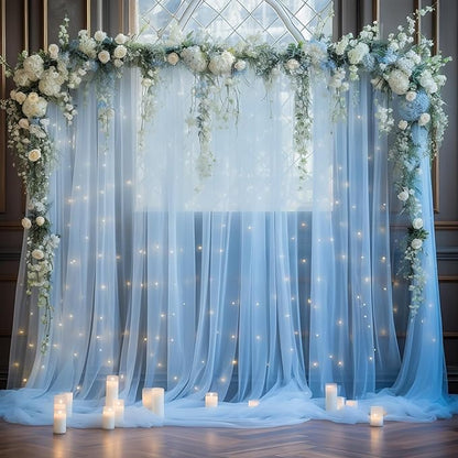 20x10ft Baby Blue Tulle Backdrop Curtain with Lights String for Parites, Sheer Backdrop Curtains for Wedding Baby Shower Birthday Party Photo Shoot Decorations
