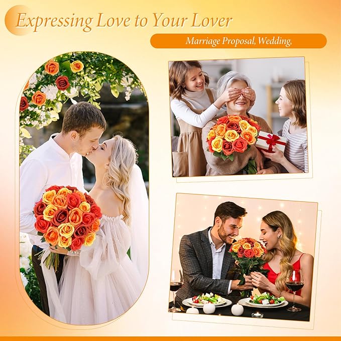 Hotop 40 Pcs Rose Artificial Flowers Bulk with Long Stem,Realistic Silk Fake Roses Bouquet for Home Wedding Centerpieces Party Table Decoration Valentines Gifts(Gradient Orange)