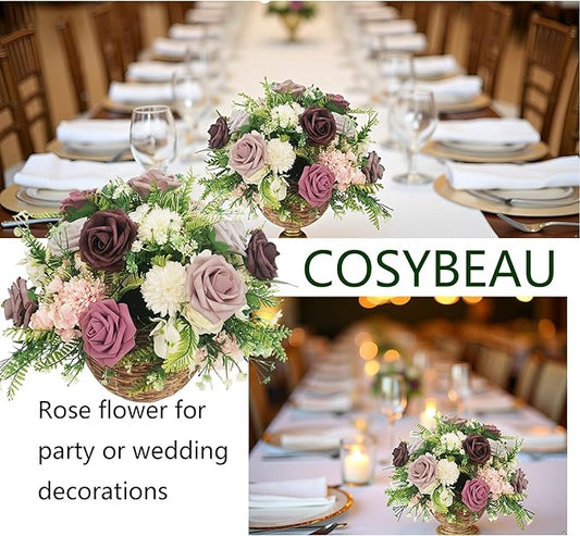 Artificial Fake Flowers 25pcs Roses, Shade of Light Purple Foam Rose Faux Flower for DIY Wedding Bouquet Bridal Shower Centerpieces Floral Arrangements Party Table Home Decorations