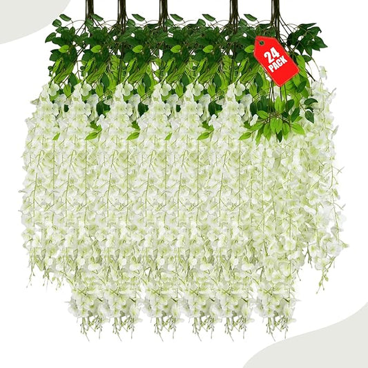 24 Pack Green White Wisteria Hanging Flowers, 3.4 Ft Fake Hanging Flowers, Artificial Wisteria Garland Vines for Wedding Room Backdrop Outdoor Patio Garden Decoration