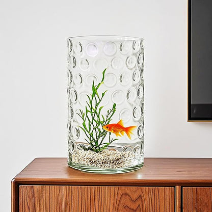 6" Wide 10" High Decorative Glass Cylinder Vase with Dimpled Circle Pattern, 8 Inch Tall, Clear (1, 6"x10")