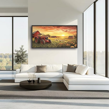 Farmhouse Sunset Large Wall Art Framed Wall Decor for Living Room Rustic Barn Tractor Pictures Oversized Canvas Print Painting Modern Extra Large Framed Artwork for Bedroom Office 60"x30"