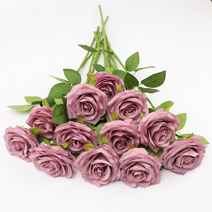 12pcs Artificial Rose Flower Mauve Rose Flower with Long Stem Silk Roses Bouquet for Wedding Bridal Shower Party Home Decoration