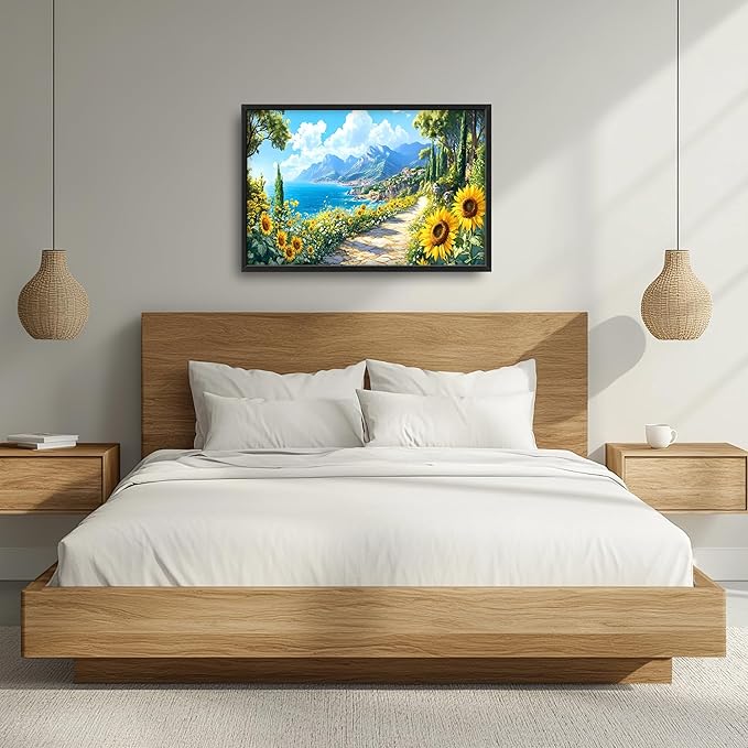 Coastal Sunflowers Large Wall Art Framed Wall Decor for Living Room Ocean Coast Pictures Oversized Canvas Print Painting Modern Extra Large Framed Artwork for Bedroom Office Home Decor 36"x24"