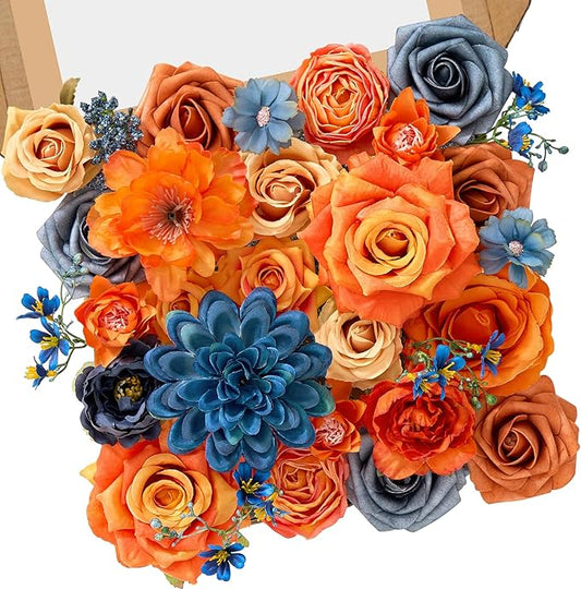 Serwalin Fall Flowers Artificial, Orange Silk Flowers with Stems, Fake Roses Blue Dahia Flower for Wedding Bouquets Bridal Baby Shower Party Arrangment Cake Floral Decoration