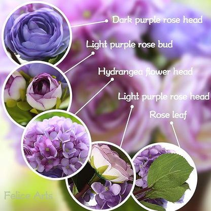 Felice Arts 12" Purple Hydrangea Silk Flowers Bouquet, Peonies Artificial Flowers for Wedding Bridal Bouquets Home Table Centerpieces Baby Shower Floral Decor (7 Heads Tea Rose & Hydrangea)
