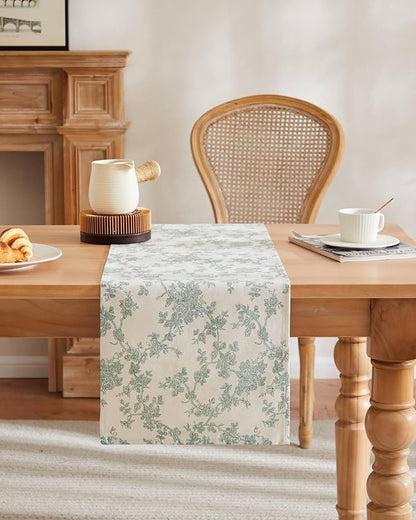 100% Cotton French Pastoral Table Runners, 13x48 Inch Vintage Green Farmhouse Table Runners 48 Inches Long, Vintage Flowers Print Home Decors