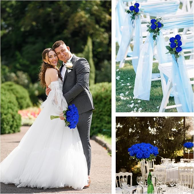 Bulk Artificial Flowers 100 PCS, Fake Velvet Silk Blue Roses with Long Stems Realistic Bouquet for Wedding Centerpieces, Faux Arrangement for Home Table Decor