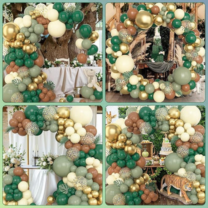 Amandir 153pcs Green Brown Balloon Garland Arch Kit, Different Sizes 18 12 10 5 inch Sage Green Ivory Gold Latex Metallic Confetti Balloon for Safari Jungle Wild One Woodland Tropical Party Decoration