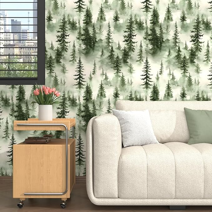 Foggy Forest Wallpaper Peel and Stick,Green Pine Trees Contact Paper,Misty Woodland Landscape Wall Paper Mural Self Adhesive Waterproof Removable for Bathroom Shelves Cabinet Drawer Table 17.5" x 118"