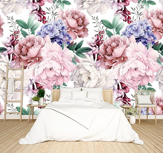 Pink Peony Floral Wallpaper Bedroom Botanical Flowers Leaf murals Aesthetic Room Decor Living Room tv Background Large Wall Mural - 137"x96" Not Peel and Stick