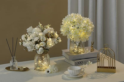 Aitificial LED White Rose Flowers with Glass Vase, Flower Arrangement for Table Centerpiece, Home Office Wedding Decoration