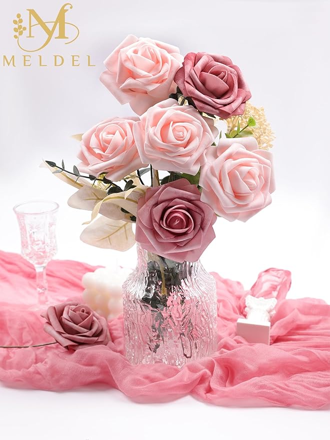 Meldel Artificial Flowers 25pcs Real Looking Blush Foam Fake Roses with Stems for DIY Wedding Bouquets Bridal Shower Centerpieces Floral Arrangements Home Decorations