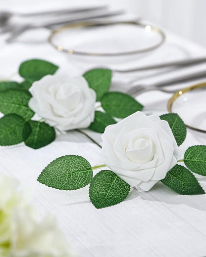 DuHouse 50Pcs Artificial Roses Flowers Fake Roses with Stems Real Touch Foam Flowers for DIY Wedding Bouquet Baby Shower Centerpiece Floral Arrangement Party Home Decor(White)