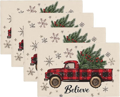 Christmas Truck Carry Tree Placemats Set of 4,Christmas Believe 12x18 Inch Non-Slip Washable Heat Resistant Linen Fabric Table Mats,Place Mats for Holiday Party