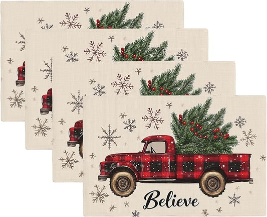 Christmas Truck Carry Tree Placemats Set of 4,Christmas Believe 12x18 Inch Non-Slip Washable Heat Resistant Linen Fabric Table Mats,Place Mats for Holiday Party