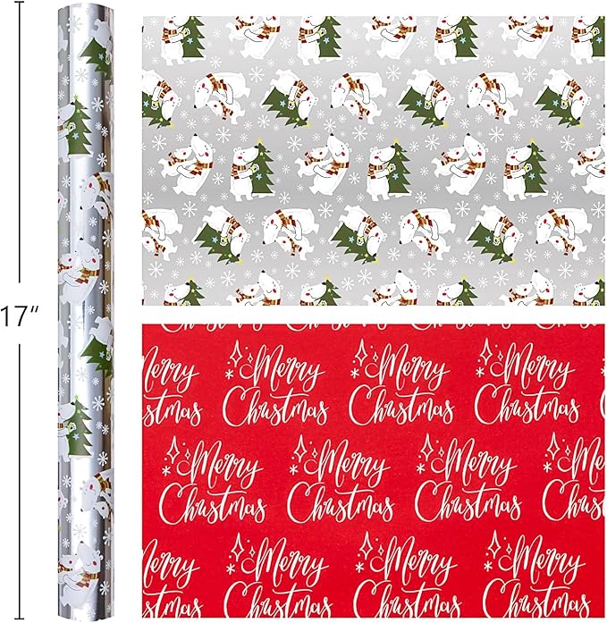 MAYPLUSS Christmas Wrapping Paper Roll - 17 Inch X 33 Feet - Silver Gift Wrapping Paper Christmas Tree Polar Bear Snowflake Reversible Red for Holiday Party New Year Kids