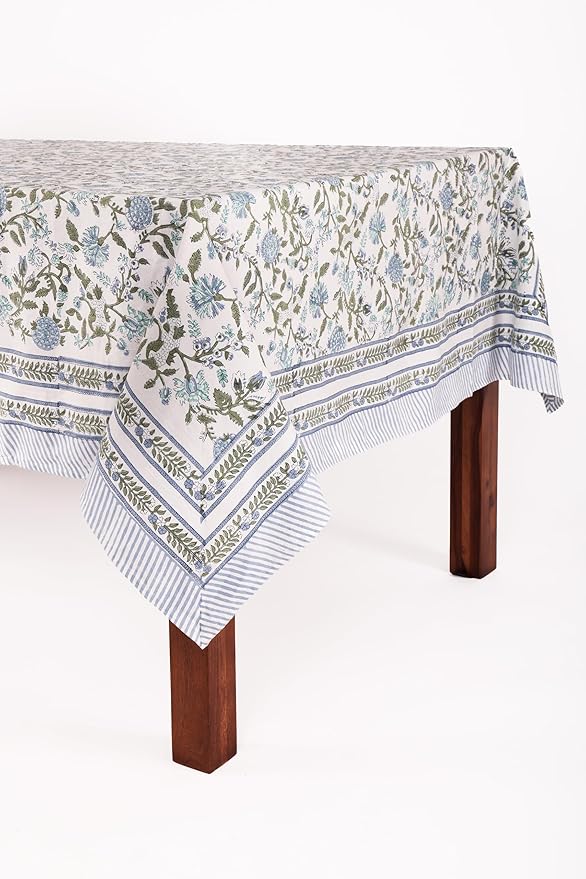 ATOSII Mahoka Blue 100% Cotton Rectangle Tablecloth, Handblock Floral Print Linen Table Cloth for Kitchen Dining I Parties, Outdoors, Weddings, Holidays, Summer I 72 X 108 Inches I 8 Seater