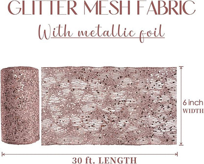 MEEDEE 6 Inch Wide Wired Ribbon Rose Gold Glitter Mesh Web Wired Edge Ribbon by 10 Yards Roll Rose Gold Wired Ribbons for Christmas Tree, Garland, Holiday Wreaths, Bows, Centerpiece, Gift Wrapping