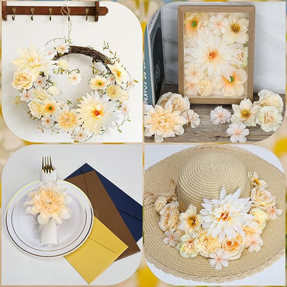 56 Pcs Champagne Artificial Flower Bulk, Fake Flower Heads for Crafts - Faux Mini Fabric Rose Daisy Hydrangea Carnation Mix for DIY Wedding Bouquets Garland Hair Cap Cake Party Home Decoration