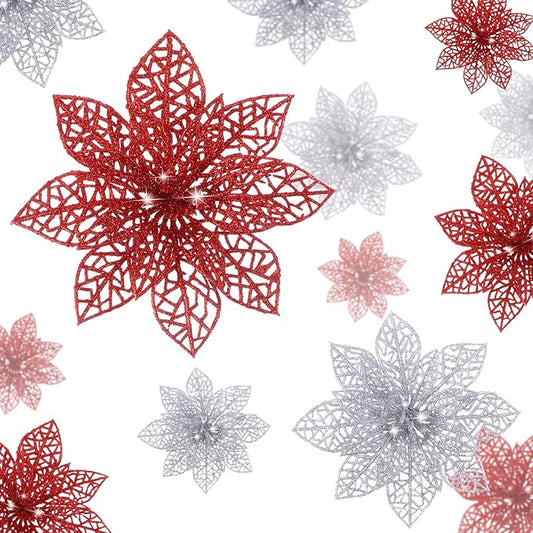 Boao Red,Silver 24 Pieces Poinsettia Flower Christmas Glitter Artificial Poinsettia with Clips Christmas Tree Ornament Decorations for DIY Xmas Wreath Holiday Home Party Decor, 3/4/6 Inches