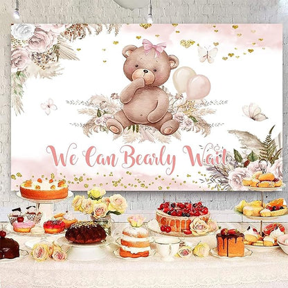 5x3ft Bear Baby Shower Backdrop We Can Bearly Wait Baby Shower Party Decorations Boho Pink Floral Photography Background It’s a Girl Party Banner Supplies Photo Booth Props