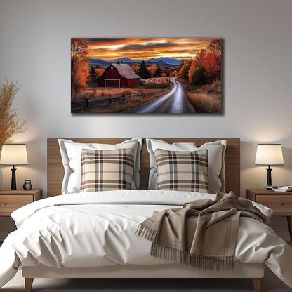 JuhaiArt Fall Wall Decor Red Barn Landscape Wall Art Natural Picture Sunset Scenery Canvas Decor for Living Room Bedroom Rustic Poster 24" x 48"