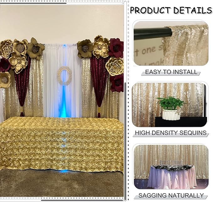 Champagne Gold Sequin Backdrop Curtain 10FTx10FT 1 Panel, Stage Sparkly Photography Background Drapes for Wedding Birthday Bridal Party Sparkle Background Party Decor