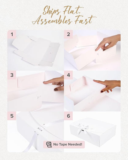 HummingBox White Gift Box Set of 16 - Gift Boxes for Presents & gifting on weddings, birthdays & more - Easy to Assemble White Gift Boxes With Lids & Ribbon Closure - Decorative Boxes With Lids