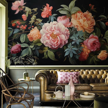 Zeeko Large Floral Peel and Stick Wall Murals 148" W x 98" H Vintage 3D Dark Peony Flowers Wallpaper Self Adhesive Nature Botanical Leaf Wall Stickers for Bedroom TV Background Living Room Decor