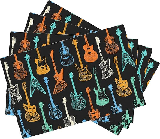 Colorful Guitar Placemats Set of 4, Placemats for Dining Table,Heat Resistant Stain Resistant Wipeable Table Mats for Kitchen Dining Holiday Party Home Decor,12x18 Inch