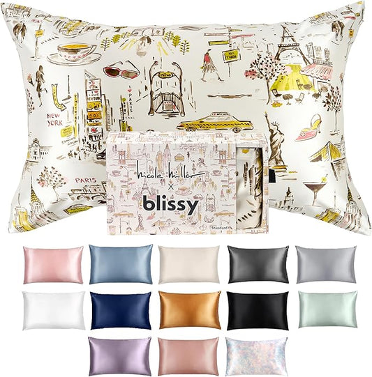 Blissy Silk Pillowcase - 100% Pure Mulberry Silk - 22 Momme 6A High-Grade Fibers - Silk Pillow Cover for Hair & Skin - Regular, Queen & King (Nicole Miller - NY to Paris, King)