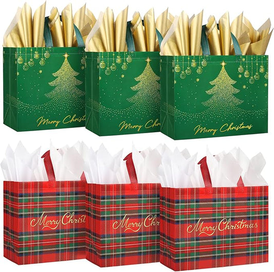 YANGTE 6 Pack 13" Large Christmas Gift Bags with Tissue Paper, Reusable Non-Woven Christmas Bag with Handles for Holiday Presents Wrapping, Xmas Tote Bags for Gifts Wrapping Xmas Party Favors