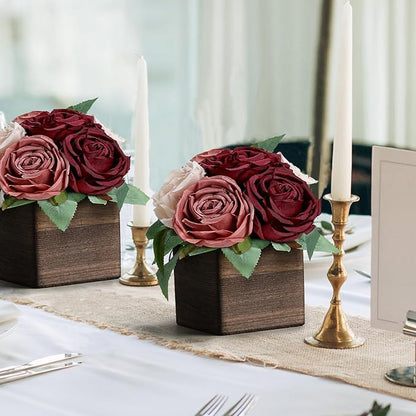 Dining Table Centerpiece Set of 6 - Pre-Made Aritifial Rose with Wooden Vase Fake Floral Arrangment Faux Flower for Wedding Bridal Tea Party Event Decorations - Burgundy & Dusty Pink
